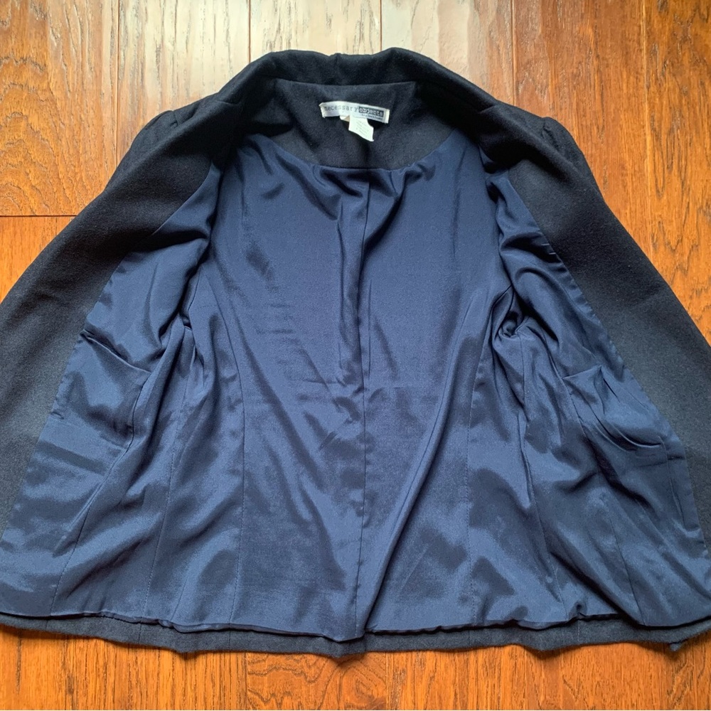 Vintage Necessary Objects Navy Wool Blend Blazer 3/4 Sleeve Puff Shoulder XS - Picture 5 of 9